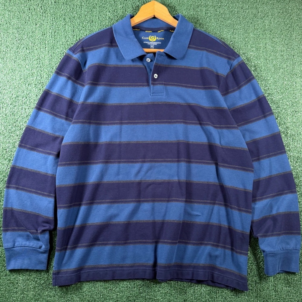 Club Room Polo Shirt Mens XL Blue Good Striped Long Sleeve Estate Performance